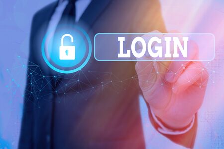 Text sign showing Login. Business photo showcasing process by which an individual gains access to a...