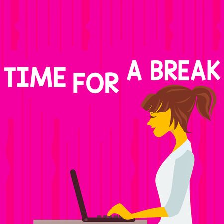 Text sign showing Time For A Break. Business photo text a schedule when workers stop working for a brief period photo of Young Busy Woman Sitting Side View and Working on her Laptopの写真素材