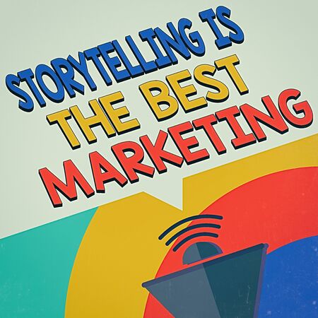 Text sign showing Storytelling Is The Best Marketing. Business photo showcasing Companies effective marketing approach Megaphone Halftone with Sound icon and Blank Geometric Speech Bubbleの写真素材