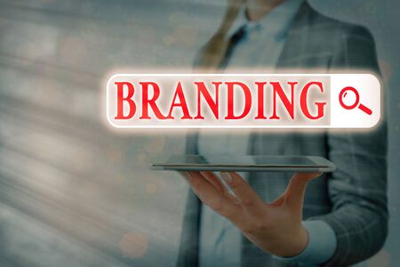 Text sign showing Branding. Business photo text promotion of product by means of advertising and distinctive design Web search digital information futuristic technology network connectionの写真素材
