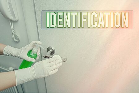 Handwriting text Identification. Conceptual photo an action or procedure to identify someone or something Contamination within electronic gadgets sufaces controlled by disinfectantの写真素材