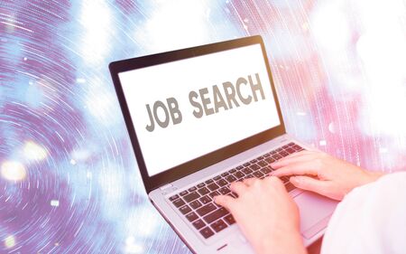 Handwriting text writing Job Search. Conceptual photo an act of sourcing for job openings and apply for a position Modern gadgets with white display screen under colorful bokeh backgroundの写真素材