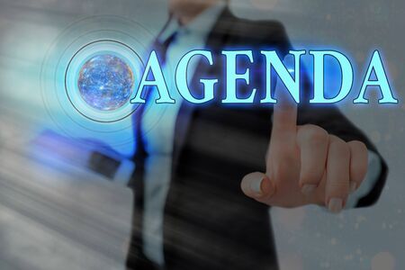 Word writing text Agenda. Business photo showcasing list of meeting activities in the order which they are to be taken up Futuristic icons solar system.の写真素材