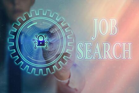 Writing note showing Job Search. Business concept for an act of sourcing for job openings and apply for a position Graphics padlock for web data information security application systemの写真素材