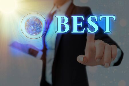 Word writing text Best. Business photo showcasing to prove greater to surpass or be better than something or someone else Futuristic icons solar system.の写真素材