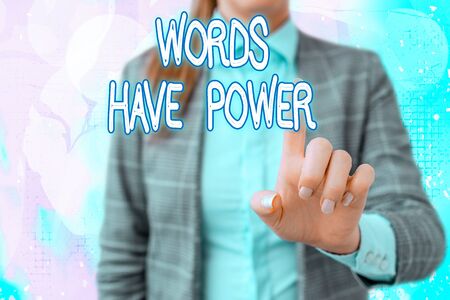 Handwriting text writing Words Have Power. Conceptual photo essential tools individuals use to communicate and learn Touching screen digital application marking important details in businessの写真素材