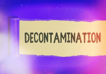Text sign showing Decontamination. Business photo text neutralizing every presence of hazardous substances Rolled ripped torn cardboard placed above a wooden classic table backdropの写真素材