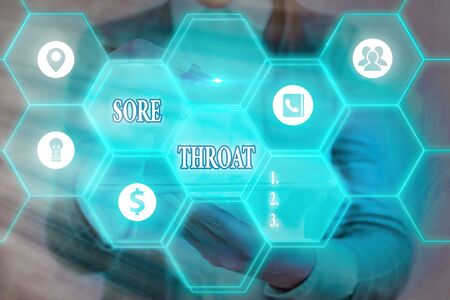 Word writing text Sore Throat. Business photo showcasing Inflammation ot the pharynx and fauces resulted from an irritation Grids and different set up of the icons latest digital technology conceptの写真素材