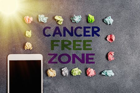 Writing note showing Cancer Free Zone. Business concept for supporting cancer patients and raising awareness of cancer Paper accessories with smartphone arranged on different backgroundの写真素材