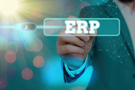 Word writing text Erp. Business photo showcasing enterprise resource planning centralized database for business processes Graphics padlock for web data information security application systemの写真素材