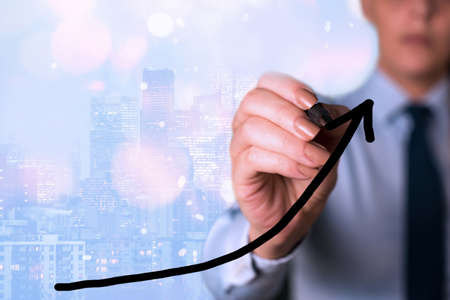 Digital Arrowhead Curve Rising Upward Denoting Growth Development Conceptの写真素材