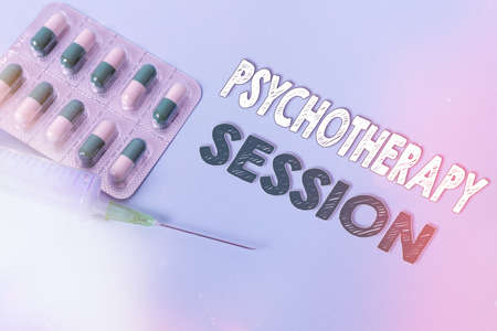 Handwriting text writing Psychotherapy Session. Conceptual photo series of meetings in treating mental health problems Primary medical precautionary equipments for health care protectionの写真素材