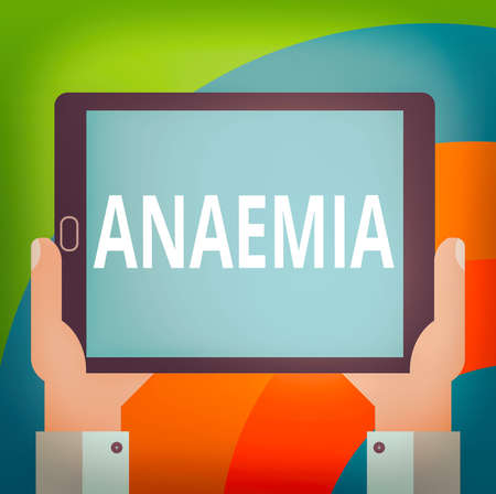 Conceptual hand writing showing Anaemia. Concept meaning a condition marked by a deficiency of hemoglobin in the blood Hu analysis Holding Tablet Smartphone Display Unit photoの写真素材