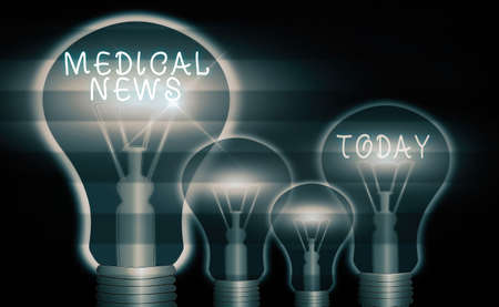 Conceptual hand writing showing Medical News. Concept meaning report or noteworthy information on a medical breakthrough Realistic colored vintage light bulbs, idea sign solutionの写真素材