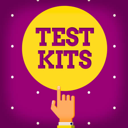 Conceptual hand writing showing Test Kits. Concept meaning tools used to detect the presence of something in the body Hand Pointing up Index finger Touching Solid Color Circleの写真素材