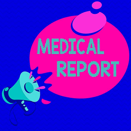Word writing text Medical Report. Business photo showcasing report of the results of a medical examination of a patient Megaphone with Sound Effect icon and Blank Round Halftone Thought Bubbleの写真素材