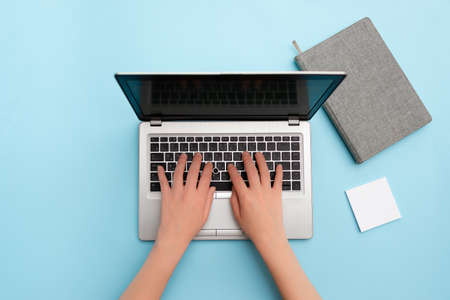 Personal Workplace Overview With Laptop Device Used For Individual Interestの写真素材