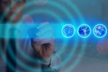 Futuristic Icons Distant Solar System Showing Global Technology Networks.