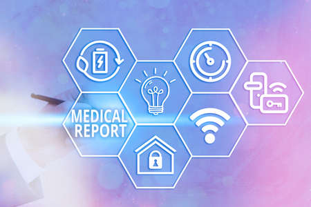 Handwriting text writing Medical Report. Conceptual photo report of the results of a medical examination of a patient Grids and different set up of the icons latest digital technology conceptの写真素材