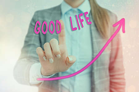 Word writing text Good Life. Business photo showcasing living in comfort and luxury with few problems or worries digital arrowhead curve rising upward denoting growth development conceptの写真素材