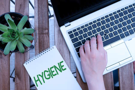 Text sign showing Hygiene. Business photo showcasing study of science of the establishment and maintenance of health Personal workplace overview with laptop device used for individual interestの写真素材