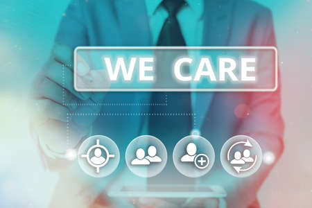 Writing note showing We Care. Business concept for Cherishing someones life Giving care and providing their needs Information digital technology network infographic elementsの写真素材