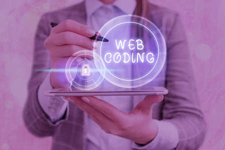 Text sign showing Web Coding. Business photo showcasing a system of symbols and rules used to...