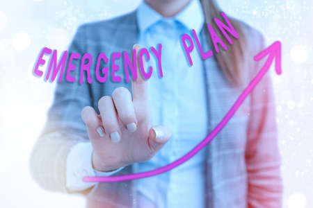 Word writing text Emergency Plan. Business photo showcasing actions to be conducted in a certain order or manner digital arrowhead curve rising upward denoting growth development conceptの写真素材