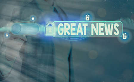 Word writing text Great News. Business photo showcasing the surprised reaction of learning good news or fortunate event Graphics padlock for web data information security application systemの写真素材