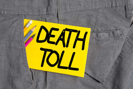 Writing note showing Death Toll. Business concept for the number of deaths resulting from a...