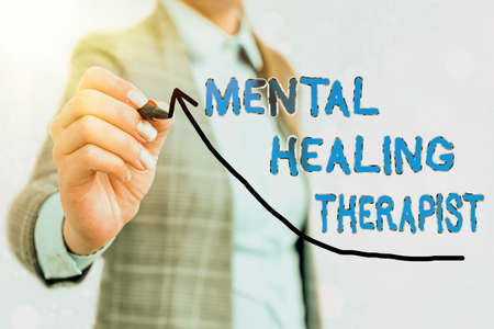 Writing note showing Mental Healing Therapist. Business concept for helping an individual express emotions in healthy ways Digital arrowhead curve denoting growth development conceptの写真素材