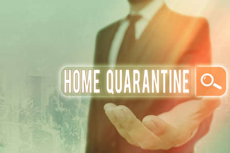 Handwriting text Home Quarantine. Conceptual photo Encountered a possible exposure from the public for observation Web search digital information futuristic technology network connectionの写真素材