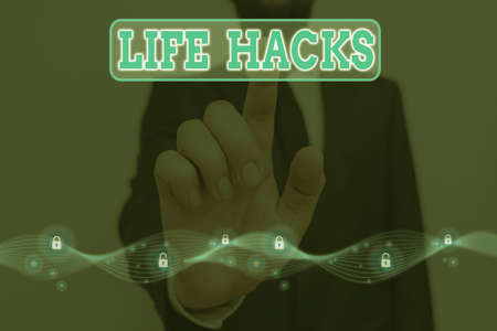 Word writing text Life Hacks. Business photo showcasing strategy or technique adopted to manage activities efficiently Graphics padlock for web data information security application systemの写真素材