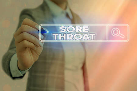Writing note showing Sore Throat. Business concept for Inflammation ot the pharynx and fauces resulted from an irritation Web search digital information futuristic technology network connectionの写真素材