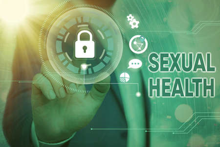 Handwriting text writing Sexual Health. Conceptual photo Ability to embrace and enjoy sexuality throughout our lives Graphics padlock for web data information security application systemの写真素材