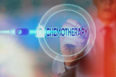 Writing note showing Chemotherapy. Business concept for the treatment of disease by the use of chemical substances Graphics padlock for web data information security application systemの写真素材