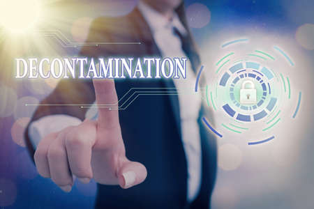 Conceptual hand writing showing Decontamination. Concept meaning neutralizing every presence of hazardous substances Graphics padlock for web data security application systemの写真素材