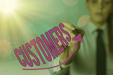 Handwriting text Customers. Conceptual photo individual or organization purchasing products or services digital arrowhead curve rising upward denoting growth development conceptの写真素材
