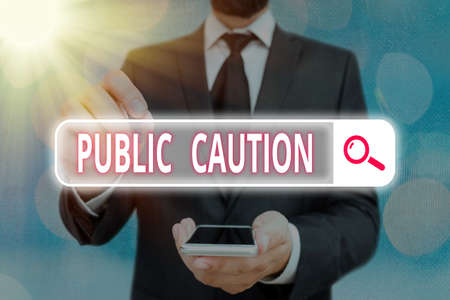 Word writing text Public Caution. Business photo showcasing formal warning given to the public to express a potential risk Web search digital information futuristic technology network connectionの写真素材
