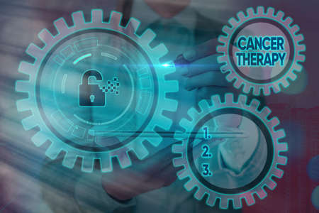 Writing note showing Cancer Therapy. Business concept for the treatment of cancer in a patient often...