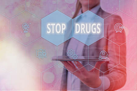 Handwriting text Stop Drugs. Conceptual photo put an end on the dependence on substances such as...