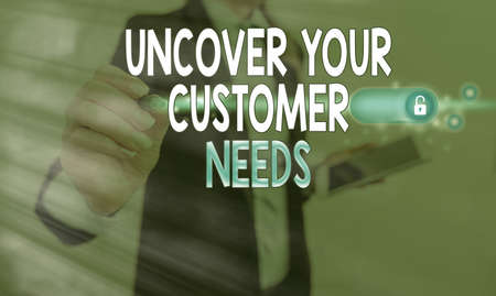 Writing note showing Uncover Your Customer Needs. Business concept for reveal product and present solution to consumer Graphics padlock for web data information security application systemの写真素材