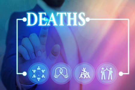 Handwriting text writing Deaths. Conceptual photo permanent cessation of all vital signs, instance of dying individual Information digital technology network connection infographic elements iconの写真素材
