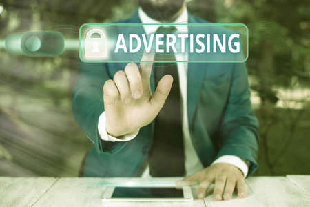Writing note showing Advertising. Business concept for a profession which creates commercial for...