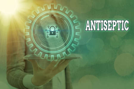 Text sign showing Antiseptic. Business photo text antimicrobial agents that delays or completely...