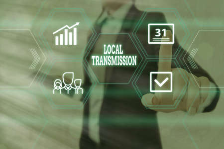 Text sign showing Local Transmission. Business photo showcasing clusteredacquired infection cases...