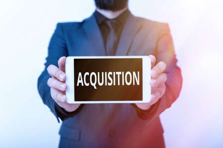 Text sign showing Acquisition. Business photo showcasing typically purchased or obtained through a library or museum Model displaying black screen modern smartphone mock-up for personal interestの写真素材