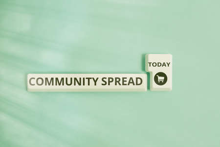 Writing note showing Community Spread. Business concept for dissemination of a highlycontagious disease within the local area Pc keyboard key with empty note paper above background copy spaceの写真素材