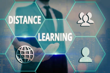 Handwriting text writing Distance Learning. Conceptual photo educational lectures broadcasted over the Internet remotely Grids and different set up of the icons latest digital technology conceptの写真素材