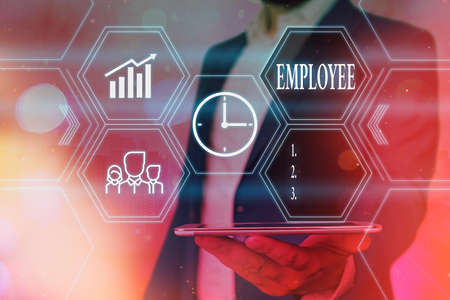 Word writing text Employee. Business photo showcasing an individual working for wages in particular at the nonexecutive level Grids and different set up of the icons latest digital technology conceptの写真素材